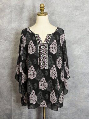BELLE by Kim Gravel Floral Ikat Blouson Sleeve Blouse Plus Size 1X Embroidered